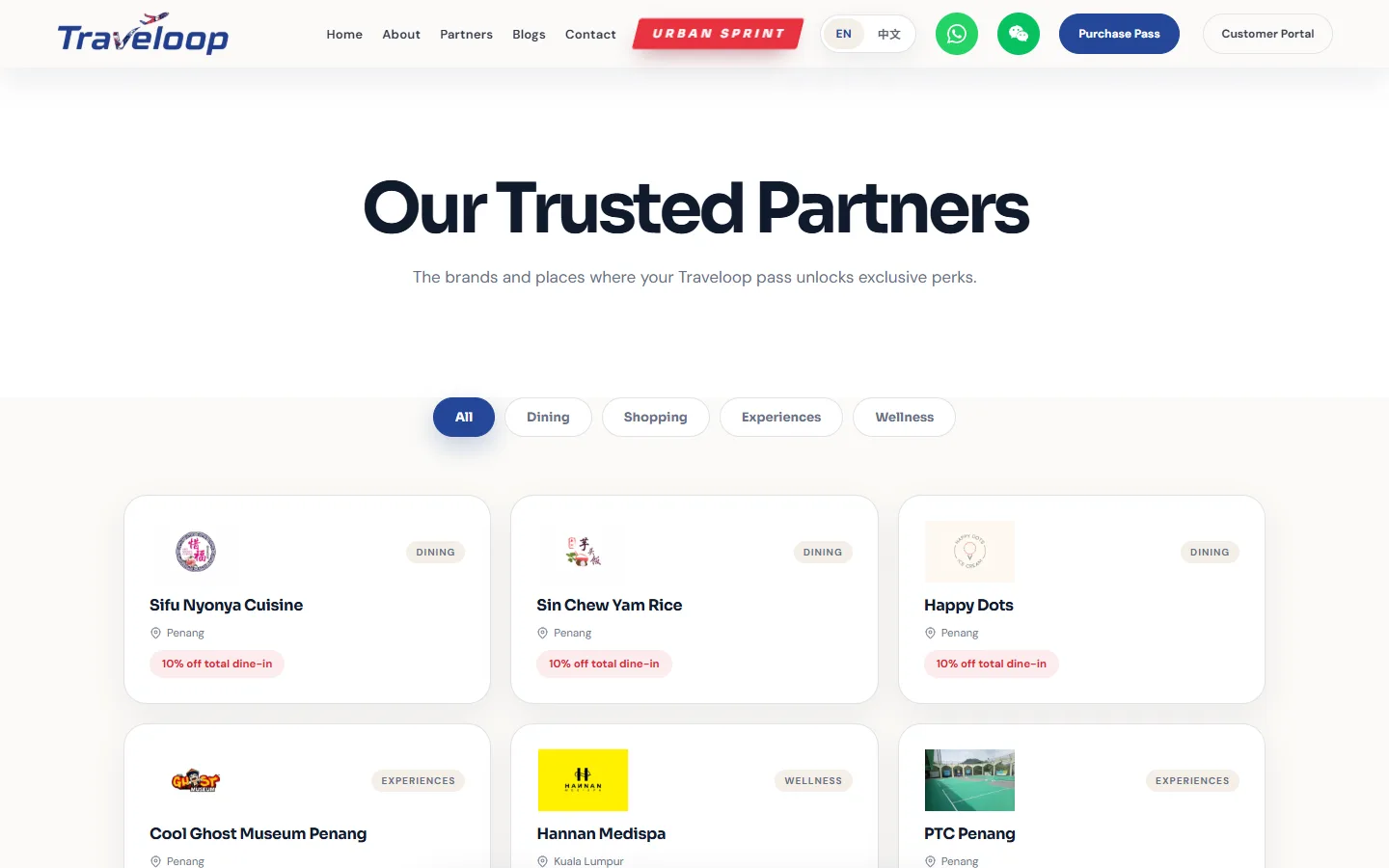 The Traveloop partner directory, filtered by Dining, Shopping, Experiences and Wellness, with merchant cards showing location and offer.