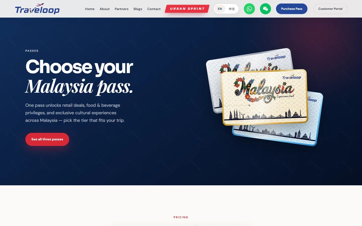 The Traveloop passes page: 'Choose your Malaysia pass', with the Silver, Gold and Platinum pass cards.