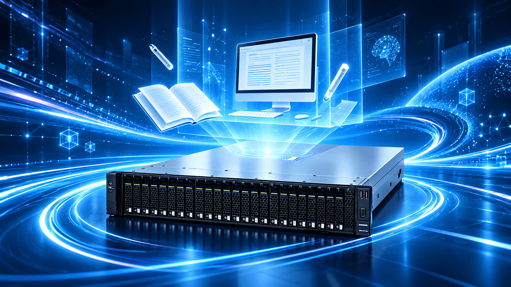 The appliance, a 2U rack-mounted server, beneath a hologram of a book, a monitor and lesson materials